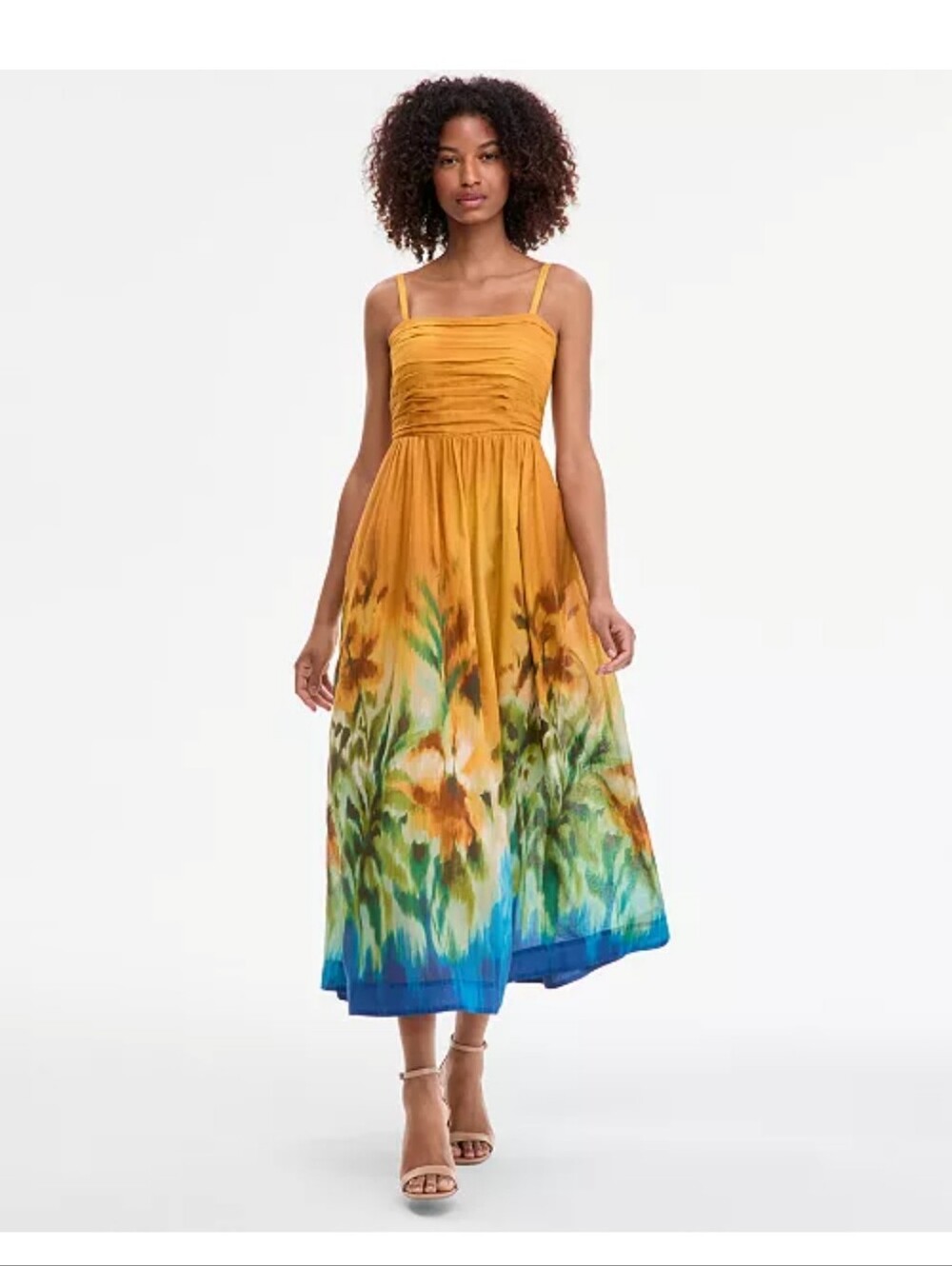 Tahari ASL Mustard Haze Border Print Ruched Midi Cotton Dress Size 10 $179 Boho